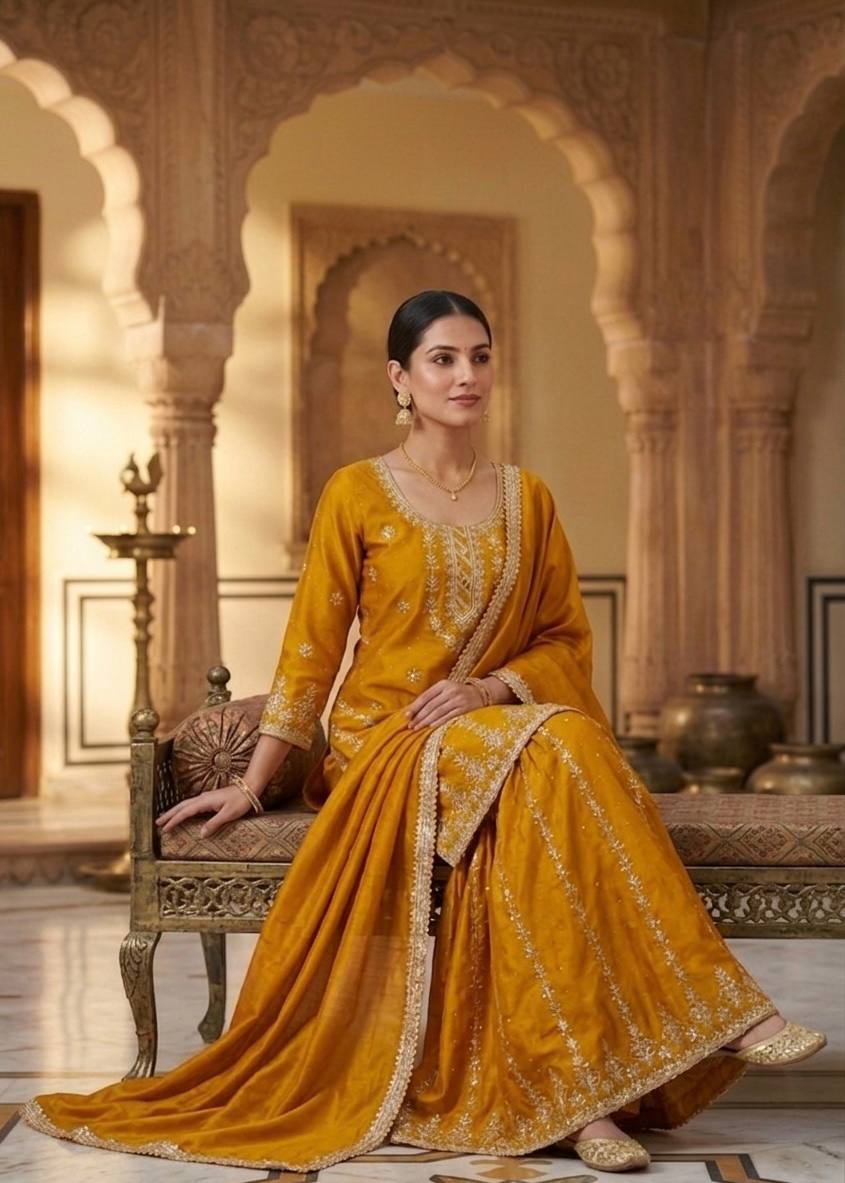 Bespoke Amber & Silver Haldi Ensemble